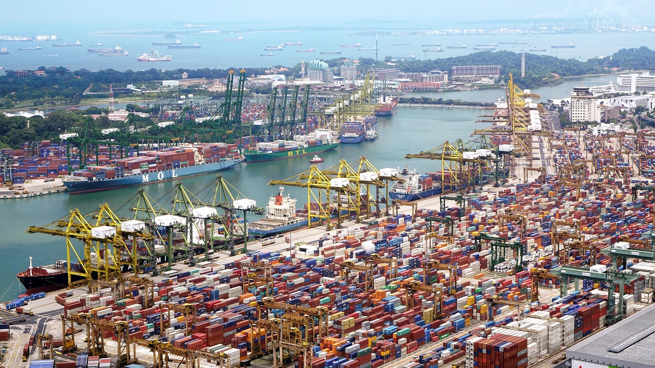 port, ships, cranes, load, containers, sea, sky, transportation, cargo, shipping, import, export, harbor, logistic, water, nature, freight, delivery, international